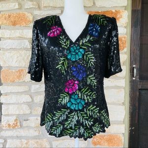 Stenay Vintage Silk Floral Blouse w/ Sequins Beads